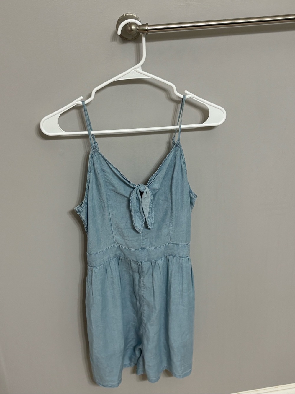aerie Light Wash Tie-Front Denim-Style Romper